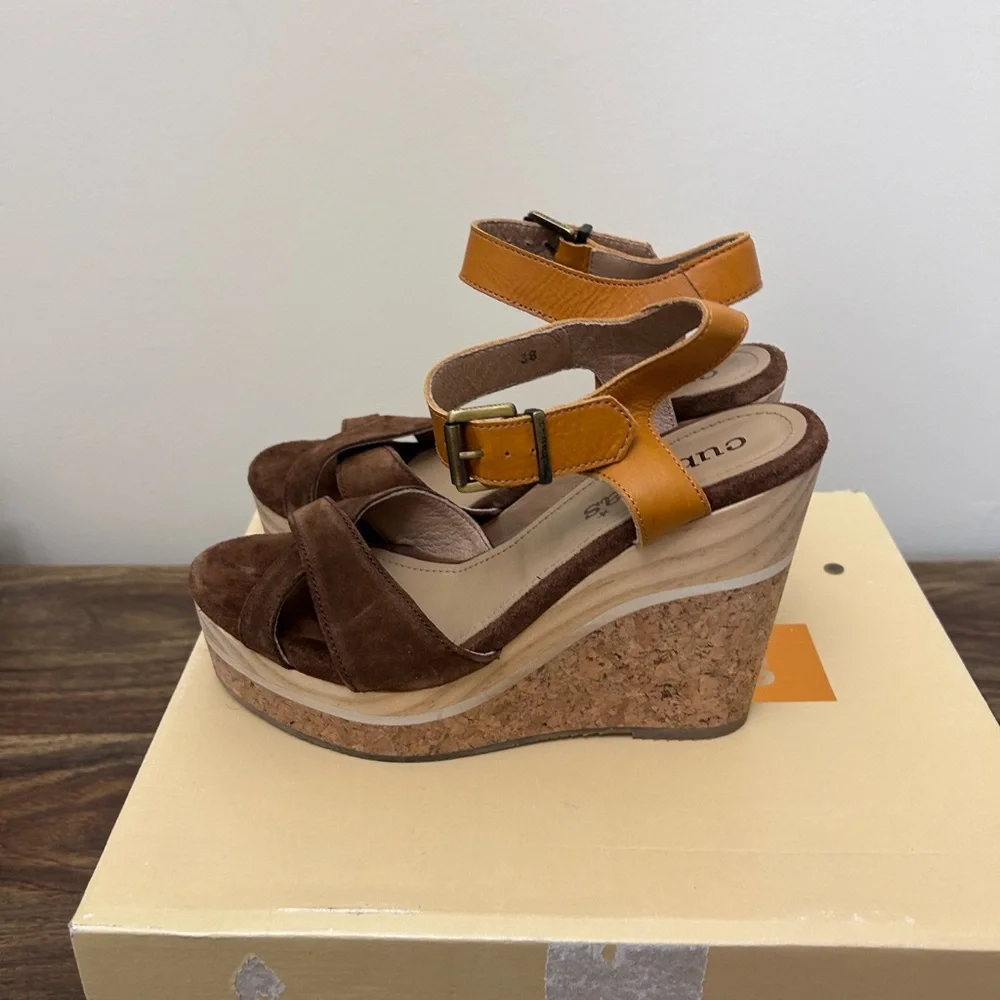 Cubanas Brown and Tan‎ Wedge Sandals heels size 38
